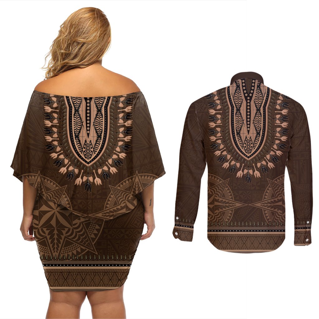 Brown African Dashiki With Tonga Ngatu Pattern Couples Matching Off Shoulder Short Dress and Long Sleeve Button Shirt LT14 - Polynesian Pride