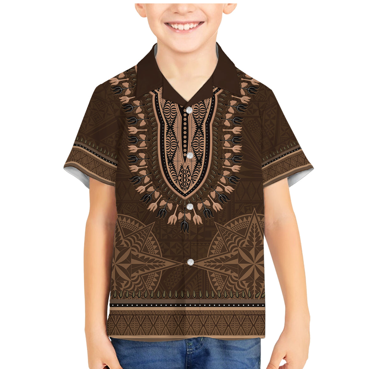 Brown African Dashiki With Tonga Ngatu Pattern Family Matching Mermaid Dress and Hawaiian Shirt
