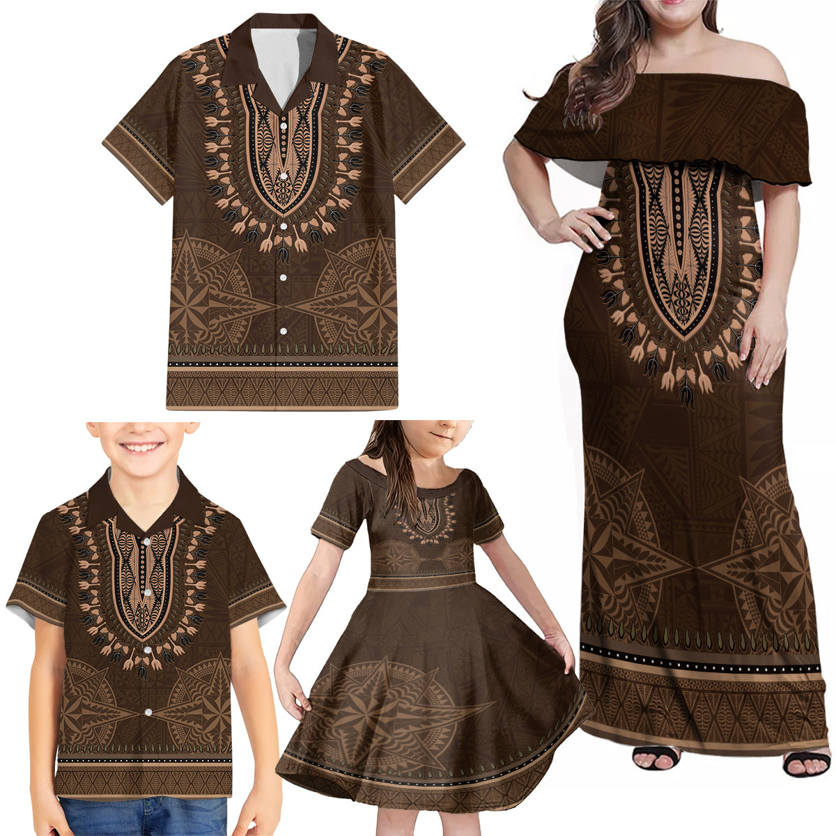 Brown African Dashiki With Tonga Ngatu Pattern Family Matching Off Shoulder Maxi Dress and Hawaiian Shirt