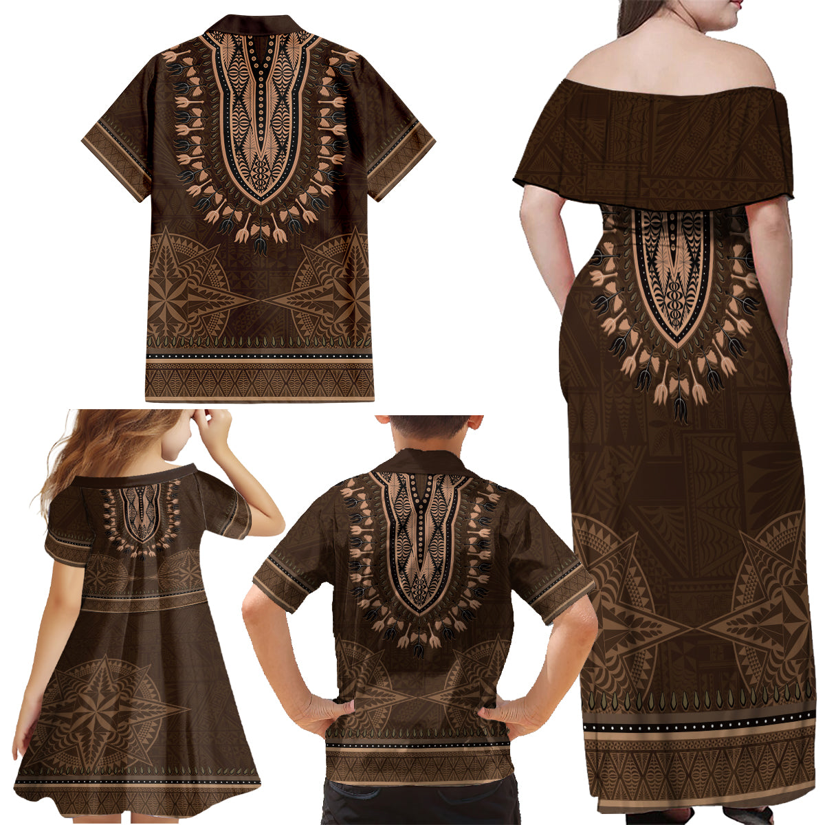 Brown African Dashiki With Tonga Ngatu Pattern Family Matching Off Shoulder Maxi Dress and Hawaiian Shirt LT14 - Polynesian Pride