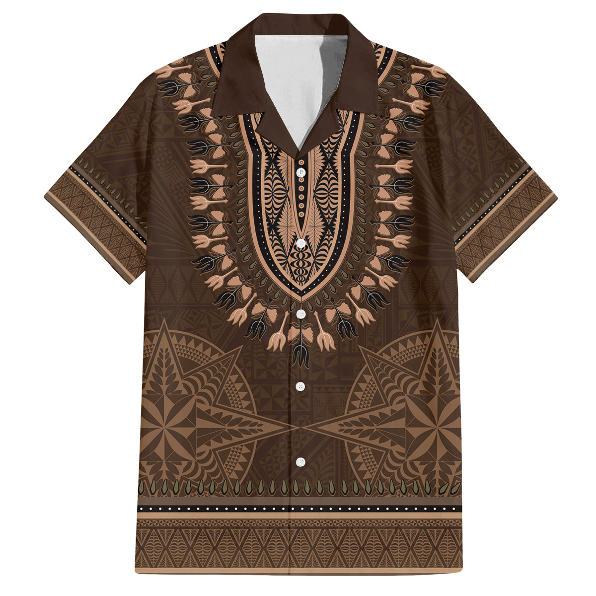 Brown African Dashiki With Tonga Ngatu Pattern Family Matching Off Shoulder Maxi Dress and Hawaiian Shirt LT14 Dad's Shirt - Short Sleeve Brown - Polynesian Pride