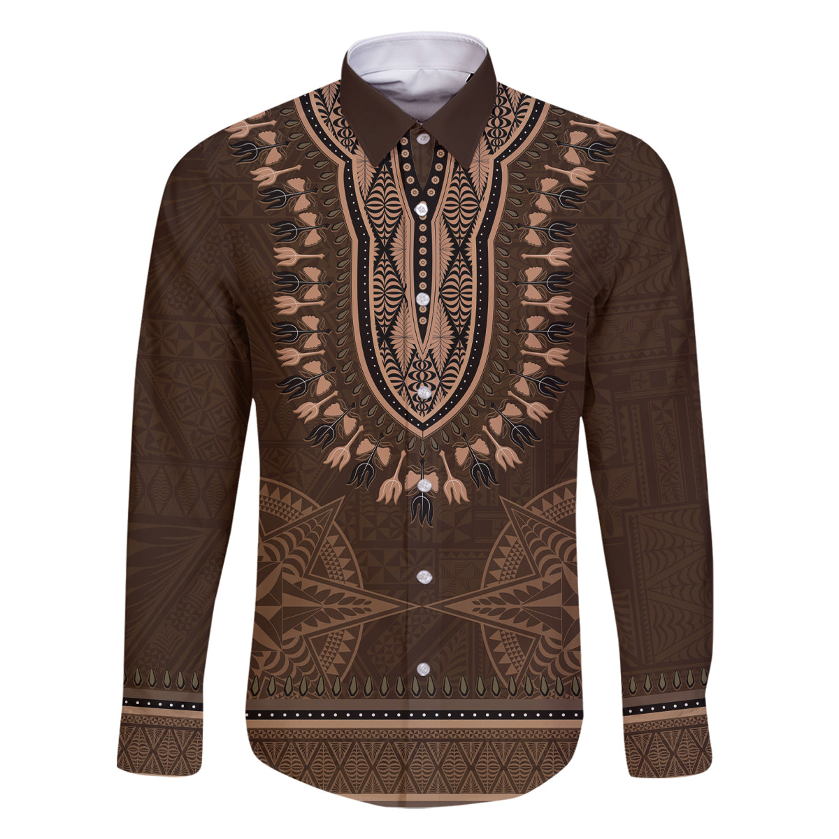 Brown African Dashiki With Tonga Ngatu Pattern Family Matching Off Shoulder Maxi Dress and Hawaiian Shirt LT14 Dad's Shirt - Long Sleeve Brown - Polynesian Pride