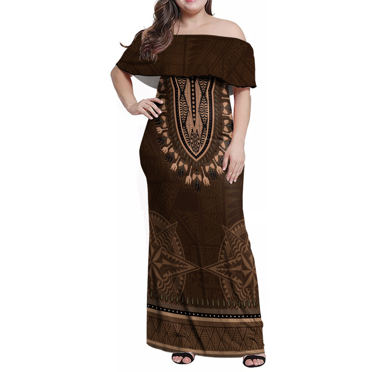 Brown African Dashiki With Tonga Ngatu Pattern Family Matching Off Shoulder Maxi Dress and Hawaiian Shirt LT14 Mom's Dress Brown - Polynesian Pride