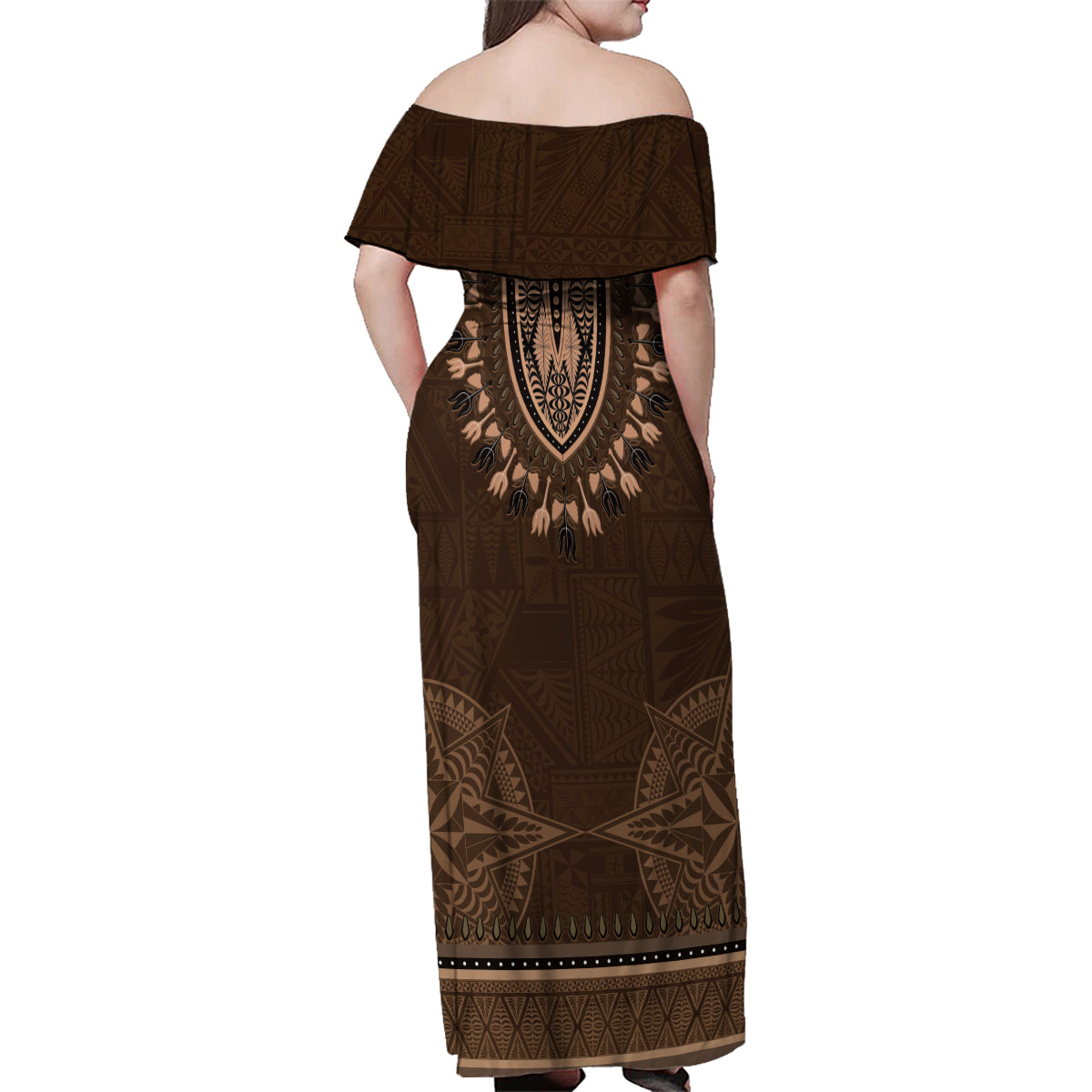Brown African Dashiki With Tonga Ngatu Pattern Family Matching Off Shoulder Maxi Dress and Hawaiian Shirt LT14 - Polynesian Pride