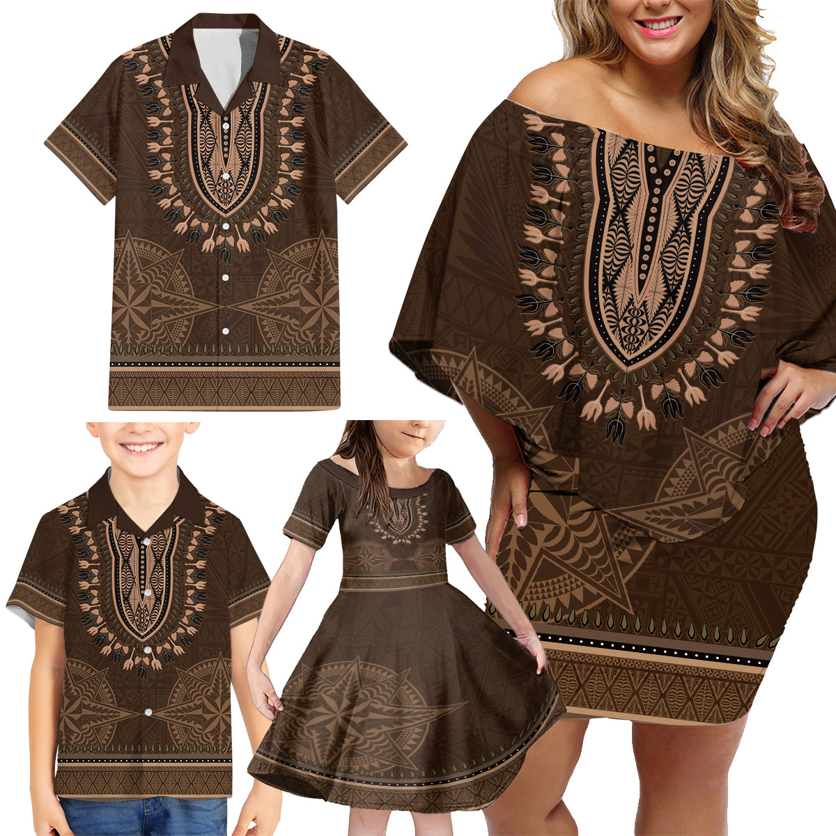 Brown African Dashiki With Tonga Ngatu Pattern Family Matching Off Shoulder Short Dress and Hawaiian Shirt