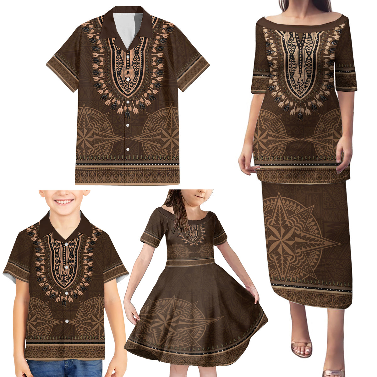 Brown African Dashiki With Tonga Ngatu Pattern Family Matching Puletasi and Hawaiian Shirt LT14 - Polynesian Pride