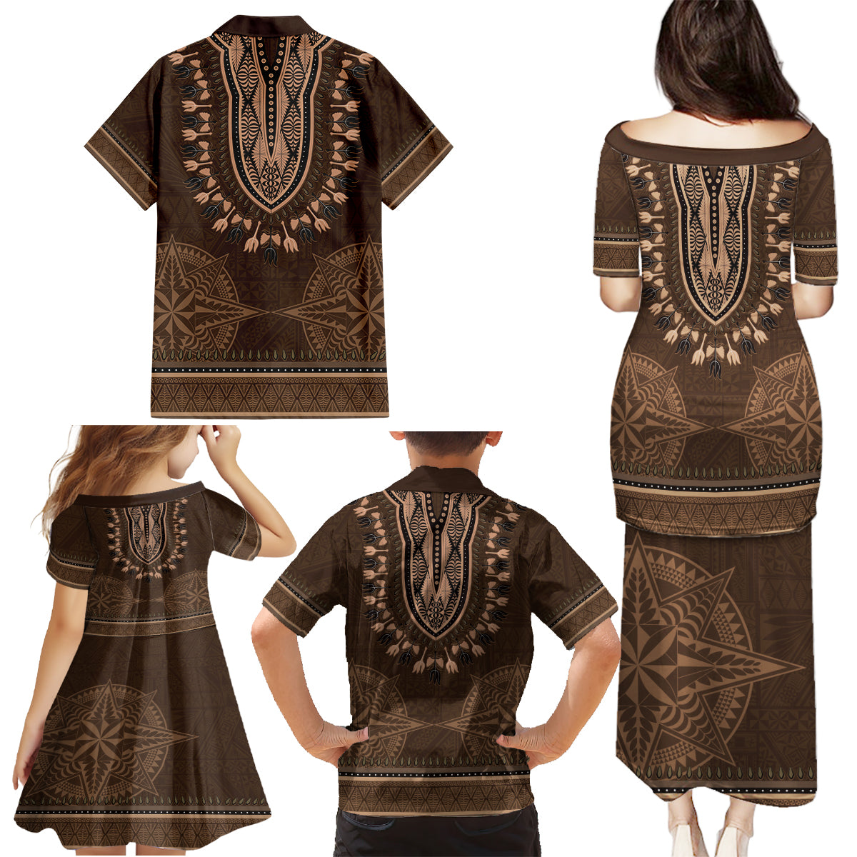 Brown African Dashiki With Tonga Ngatu Pattern Family Matching Puletasi and Hawaiian Shirt LT14 - Polynesian Pride