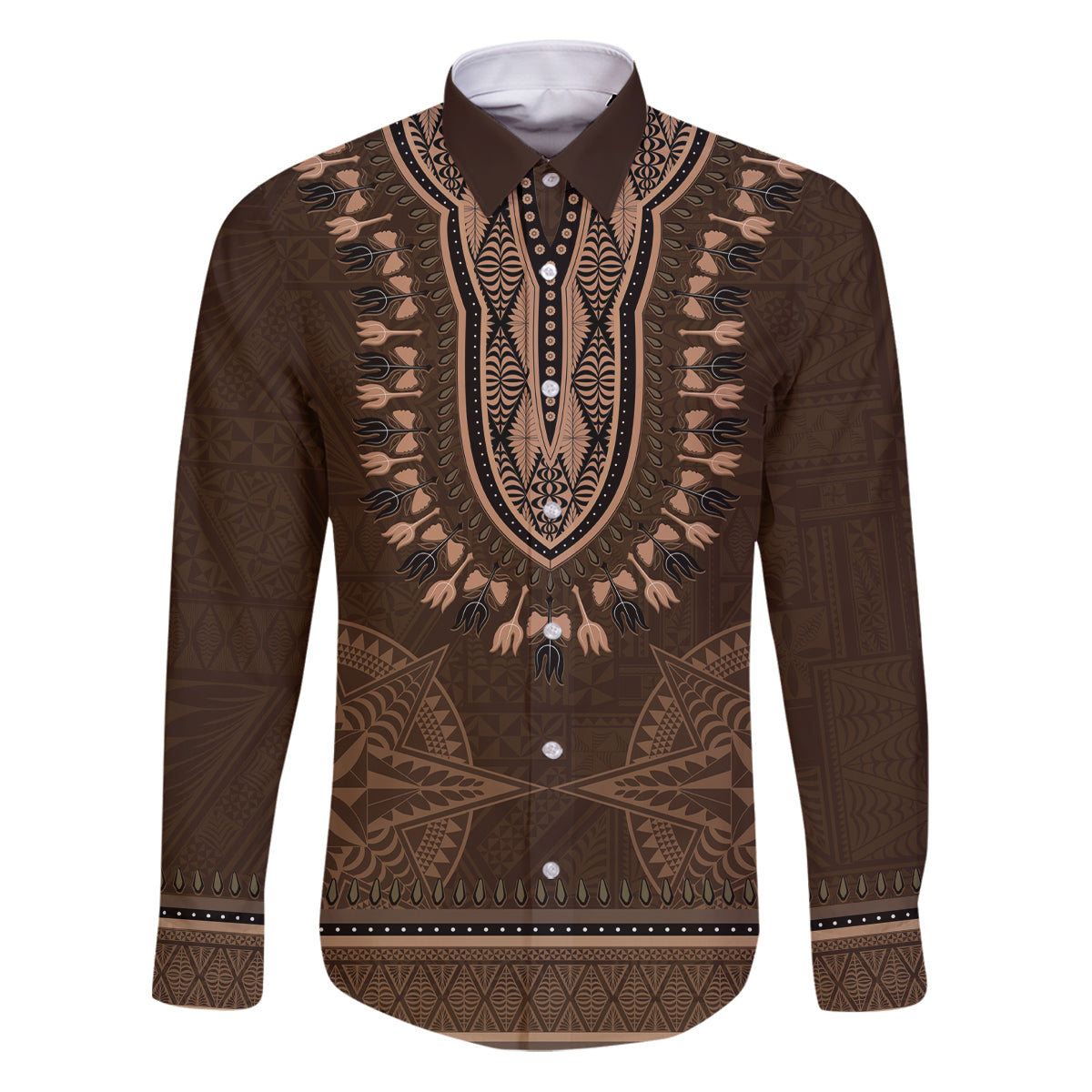 Brown African Dashiki With Tonga Ngatu Pattern Family Matching Puletasi and Hawaiian Shirt LT14 Dad's Shirt - Long Sleeve Brown - Polynesian Pride
