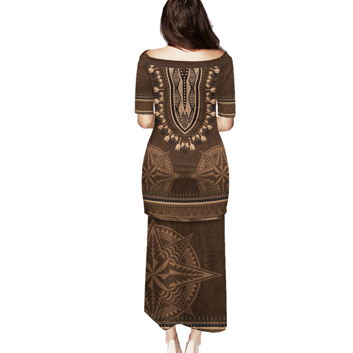 Brown African Dashiki With Tonga Ngatu Pattern Family Matching Puletasi and Hawaiian Shirt LT14 - Polynesian Pride