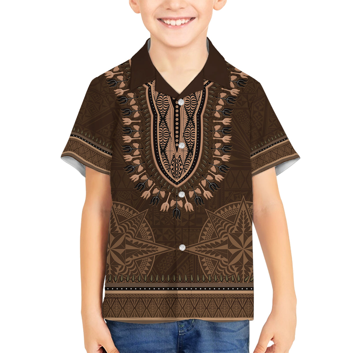 Brown African Dashiki With Tonga Ngatu Pattern Family Matching Puletasi and Hawaiian Shirt LT14 Son's Shirt Brown - Polynesian Pride