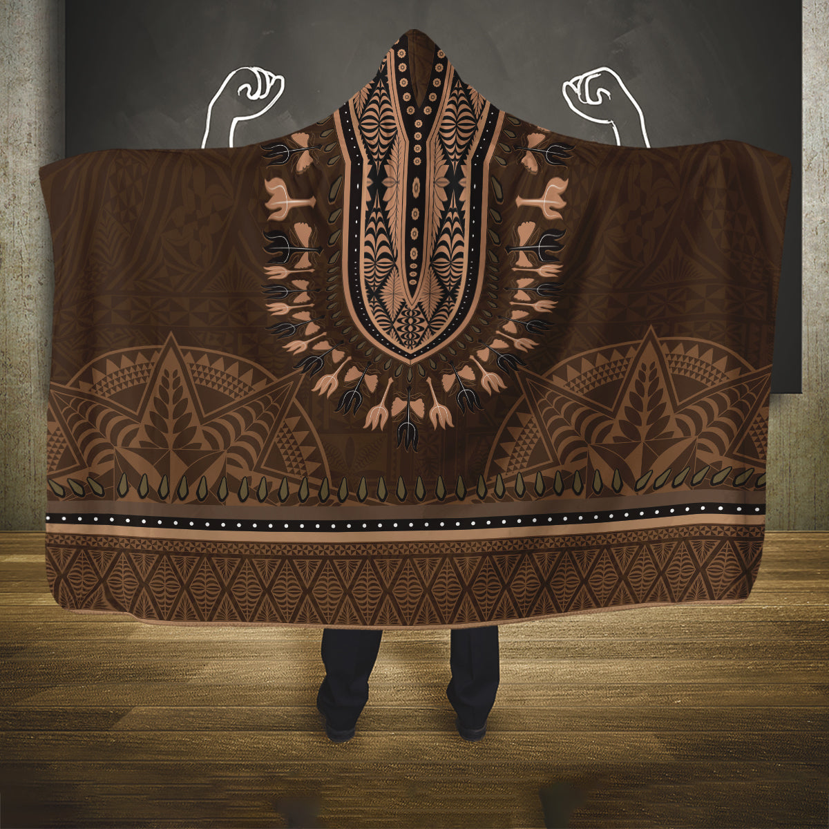 Brown African Dashiki With Tonga Ngatu Pattern Hooded Blanket LT14 One Size Brown - Polynesian Pride