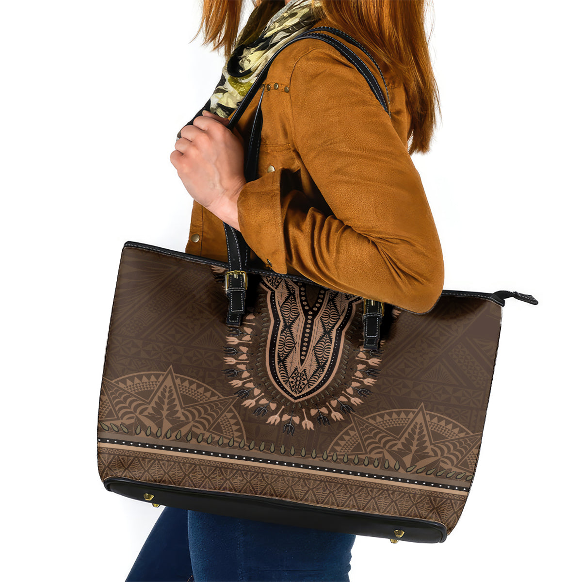 Brown African Dashiki With Tonga Ngatu Pattern Leather Tote Bag LT14 Brown - Polynesian Pride