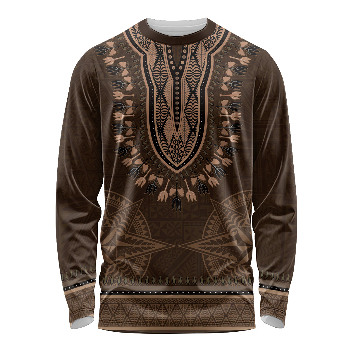 Brown African Dashiki With Tonga Ngatu Pattern Long Sleeve Shirt LT14 Unisex Brown - Polynesian Pride