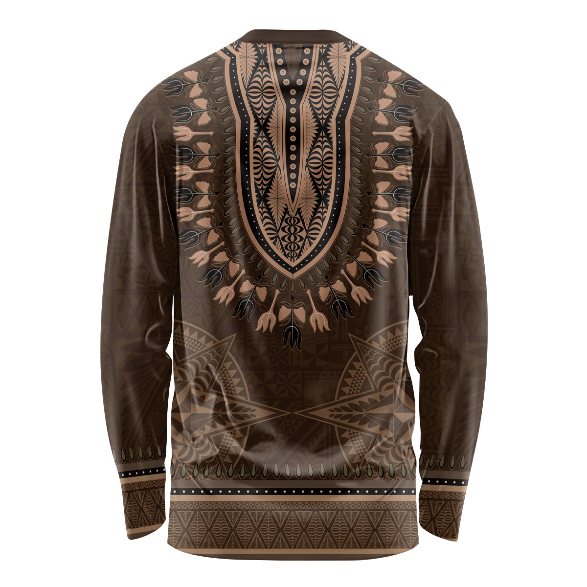 Brown African Dashiki With Tonga Ngatu Pattern Long Sleeve Shirt LT14 - Polynesian Pride
