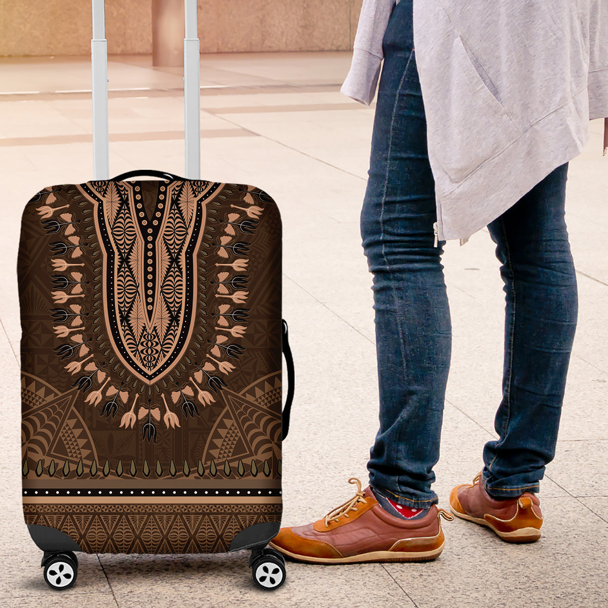 Brown African Dashiki With Tonga Ngatu Pattern Luggage Cover LT14 Brown - Polynesian Pride