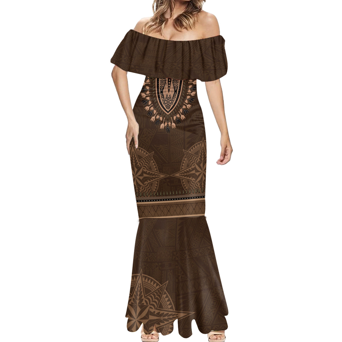 Brown African Dashiki With Tonga Ngatu Pattern Mermaid Dress