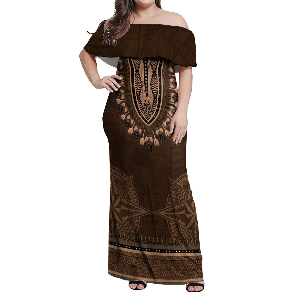 Brown African Dashiki With Tonga Ngatu Pattern Off Shoulder Maxi Dress LT14 Women Brown - Polynesian Pride