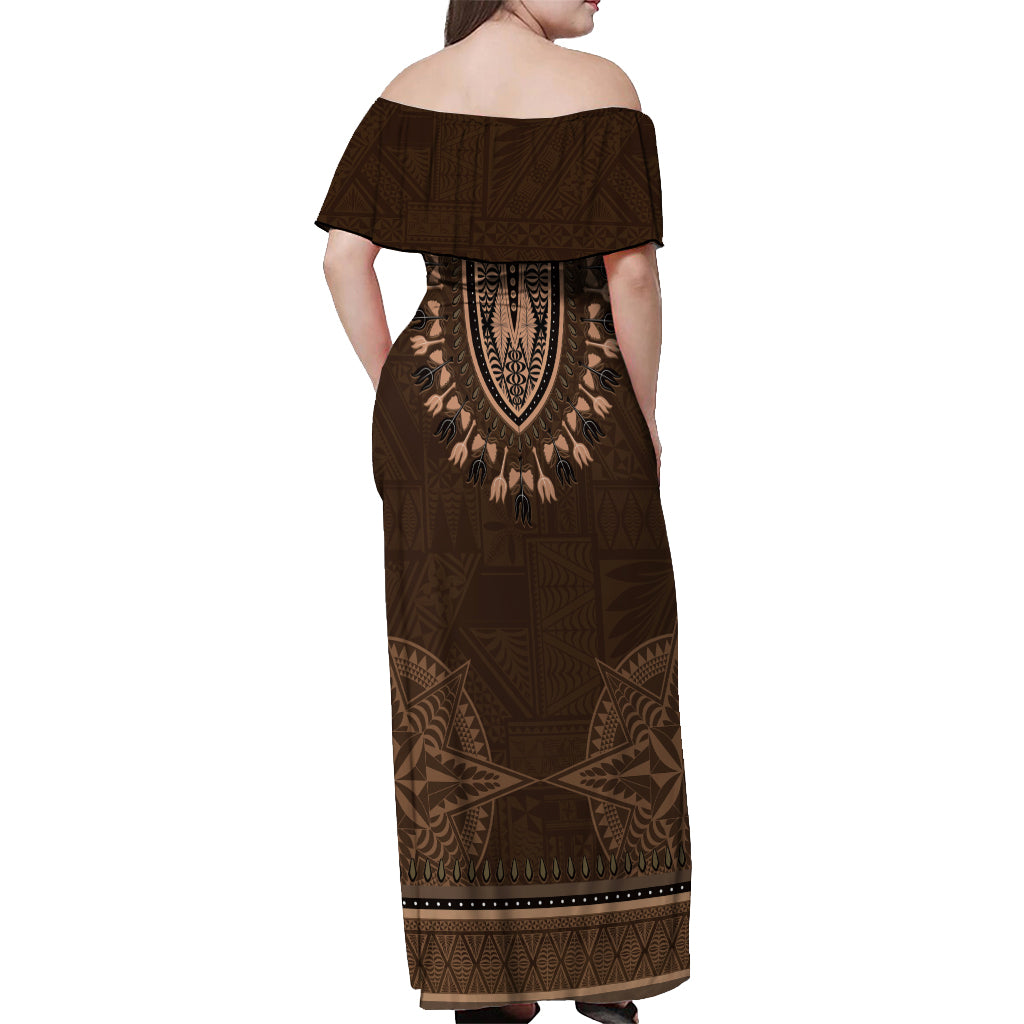 Brown African Dashiki With Tonga Ngatu Pattern Off Shoulder Maxi Dress LT14 - Polynesian Pride