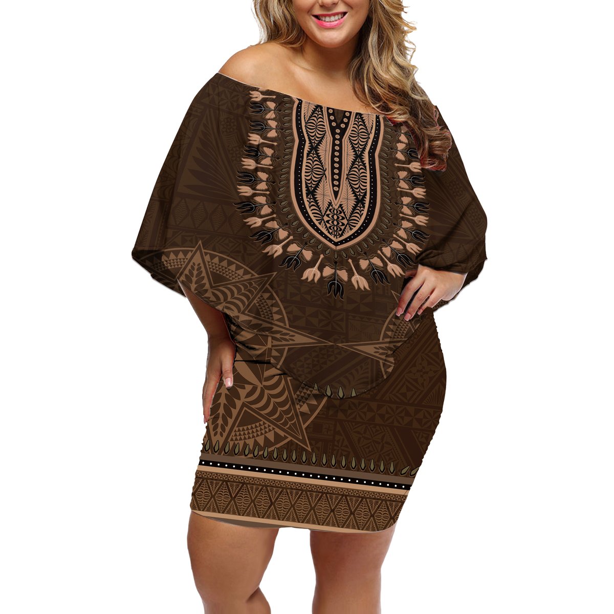 Brown African Dashiki With Tonga Ngatu Pattern Off Shoulder Short Dress LT14 Women Brown - Polynesian Pride