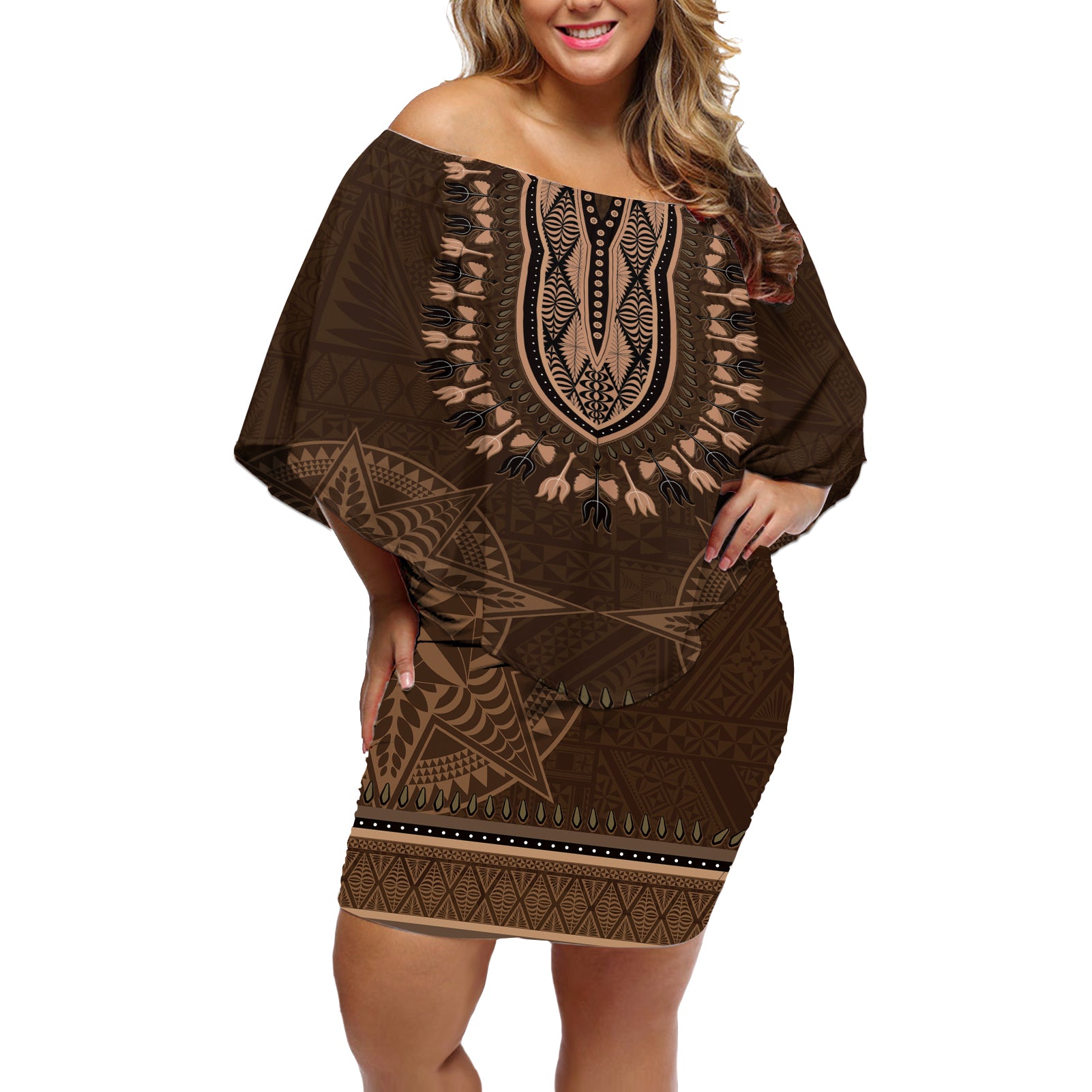 Brown African Dashiki With Tonga Ngatu Pattern Off Shoulder Short Dress