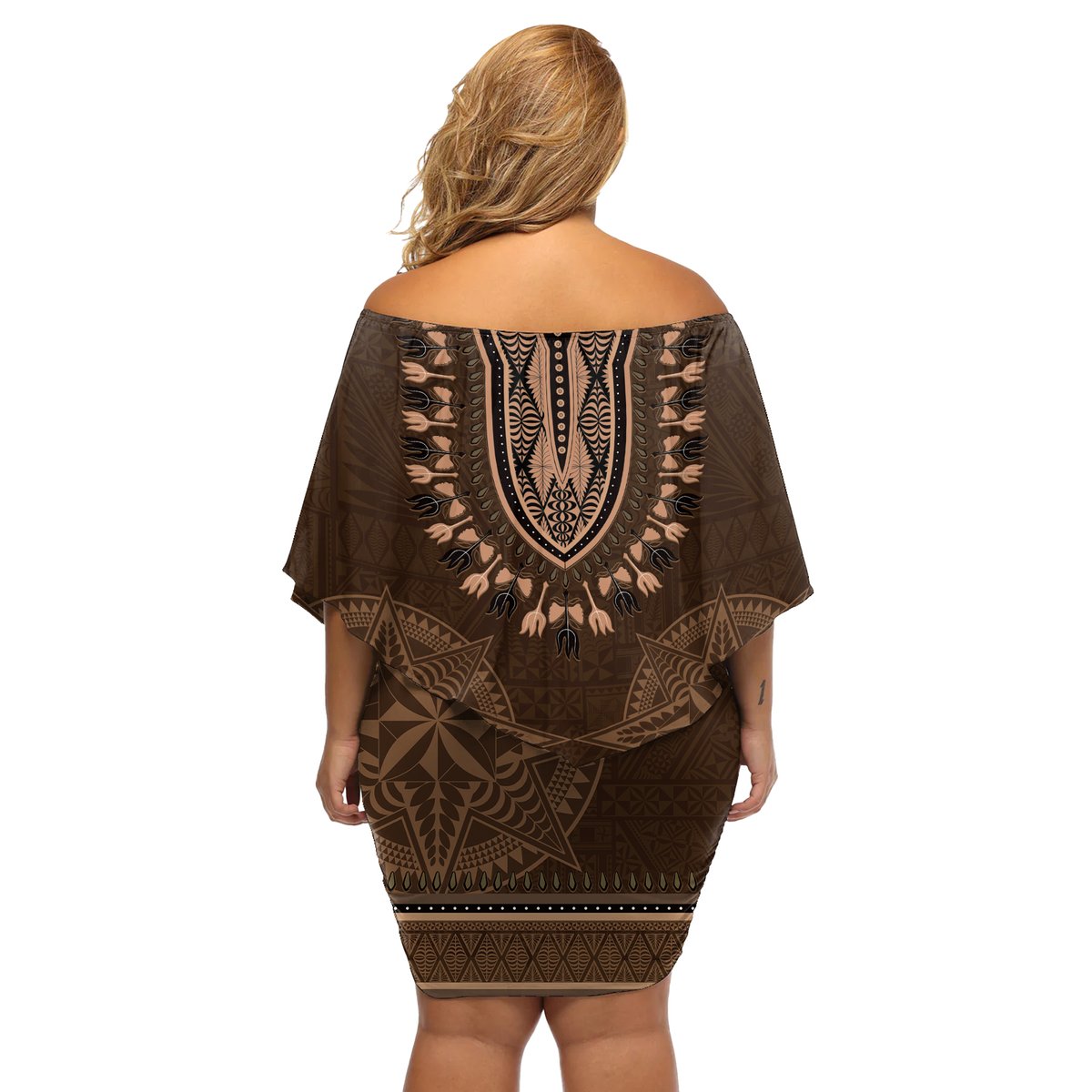 Brown African Dashiki With Tonga Ngatu Pattern Off Shoulder Short Dress LT14 - Polynesian Pride