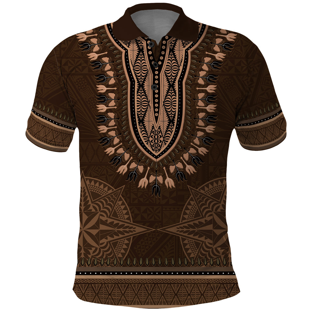 Brown African Dashiki With Tonga Ngatu Pattern Polo Shirt