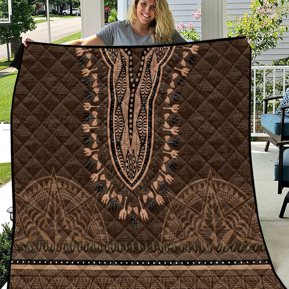 Brown African Dashiki With Tonga Ngatu Pattern Quilt LT14 Brown - Polynesian Pride