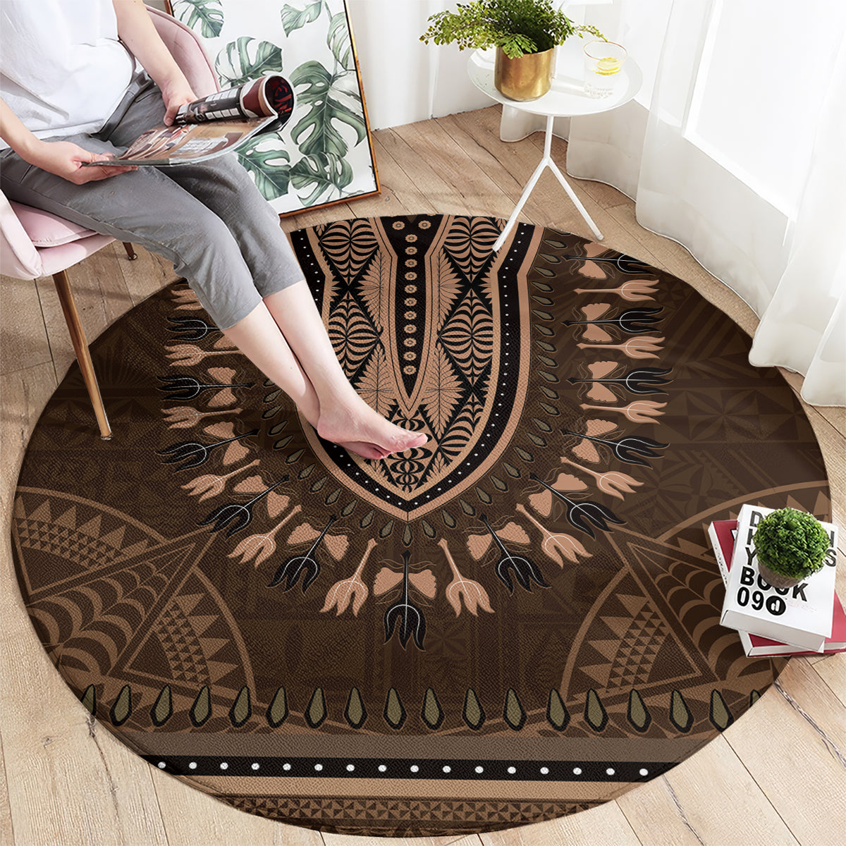 Brown African Dashiki With Tonga Ngatu Pattern Round Carpet LT14 - Polynesian Pride