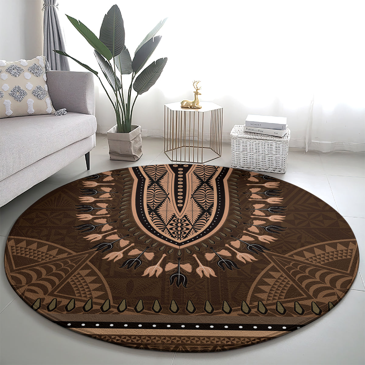 Brown African Dashiki With Tonga Ngatu Pattern Round Carpet LT14 - Polynesian Pride