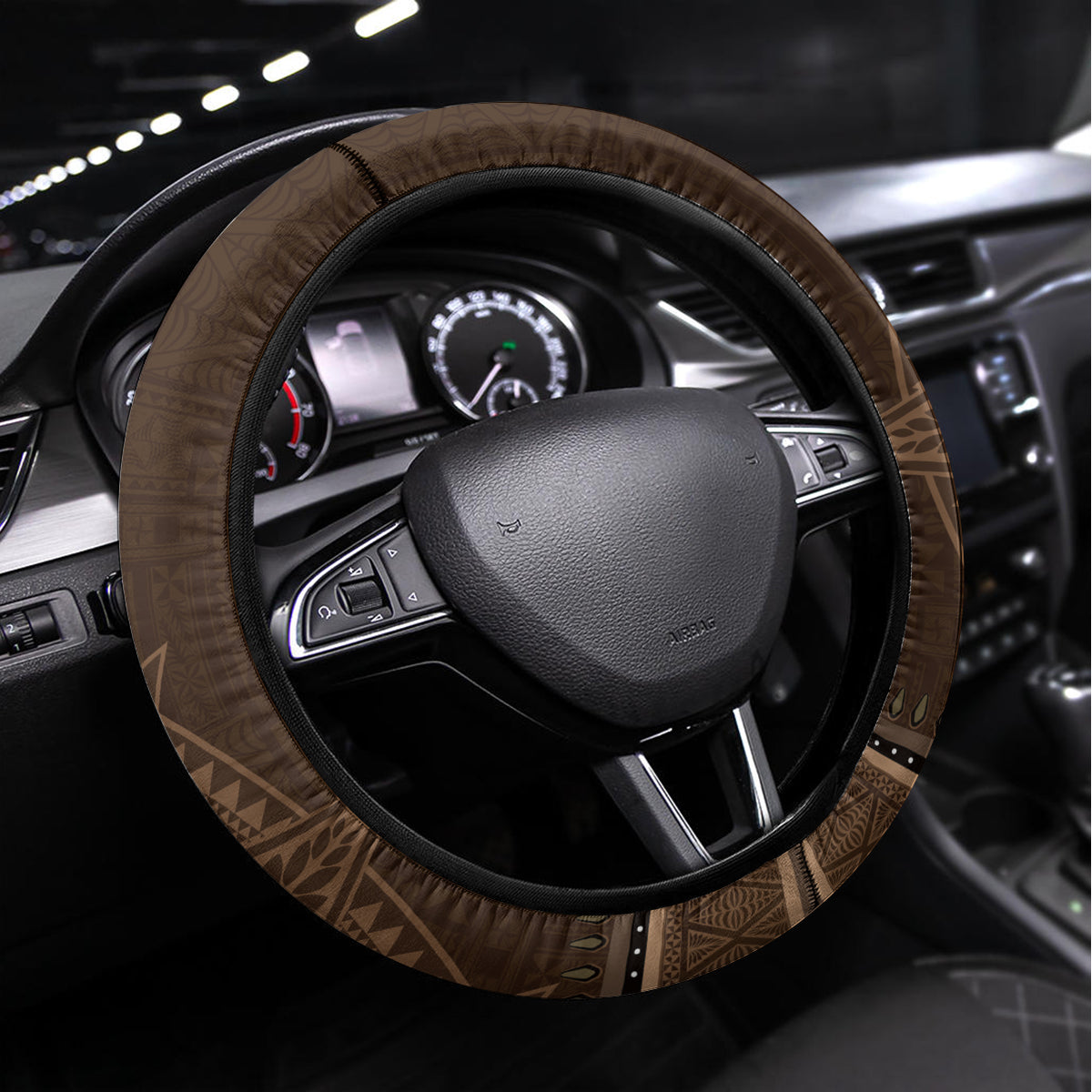 Brown African Dashiki With Tonga Ngatu Pattern Steering Wheel Cover LT14 Universal Fit Brown - Polynesian Pride
