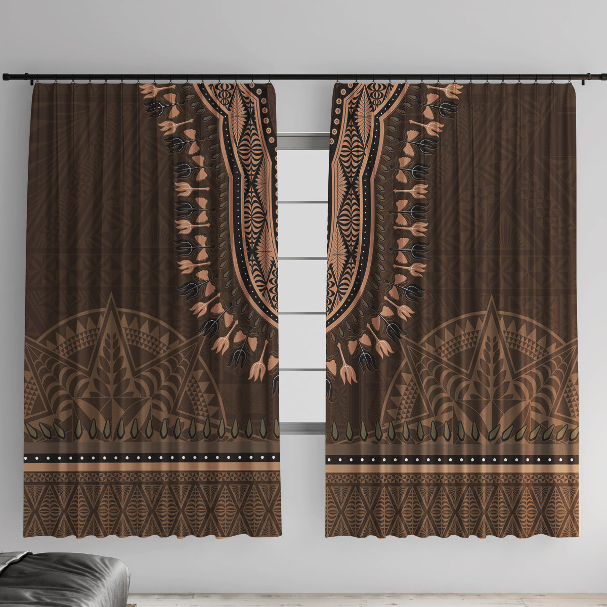 Brown African Dashiki With Tonga Ngatu Pattern Window Curtain LT14 With Hooks Brown - Polynesian Pride
