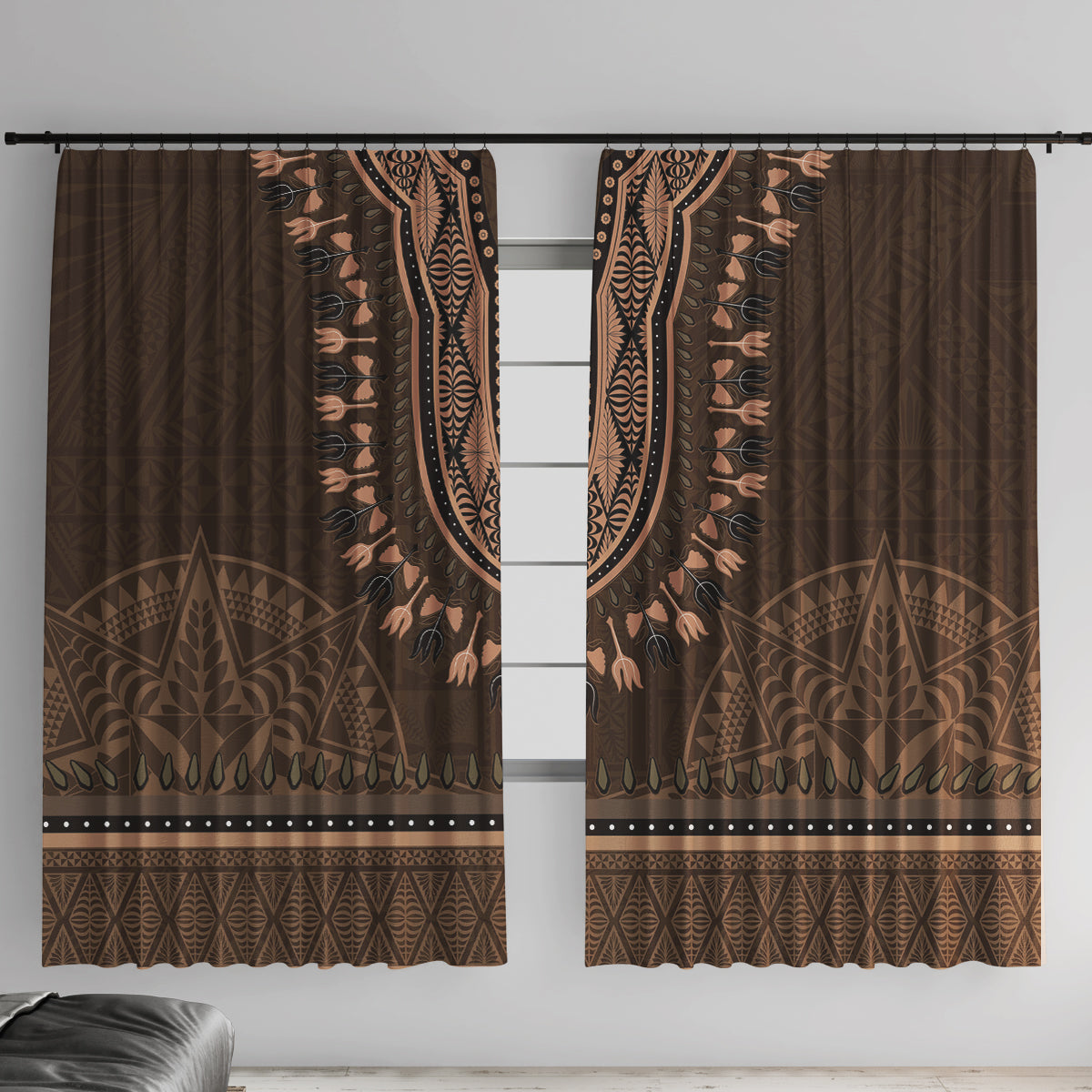 Brown African Dashiki With Tonga Ngatu Pattern Window Curtain