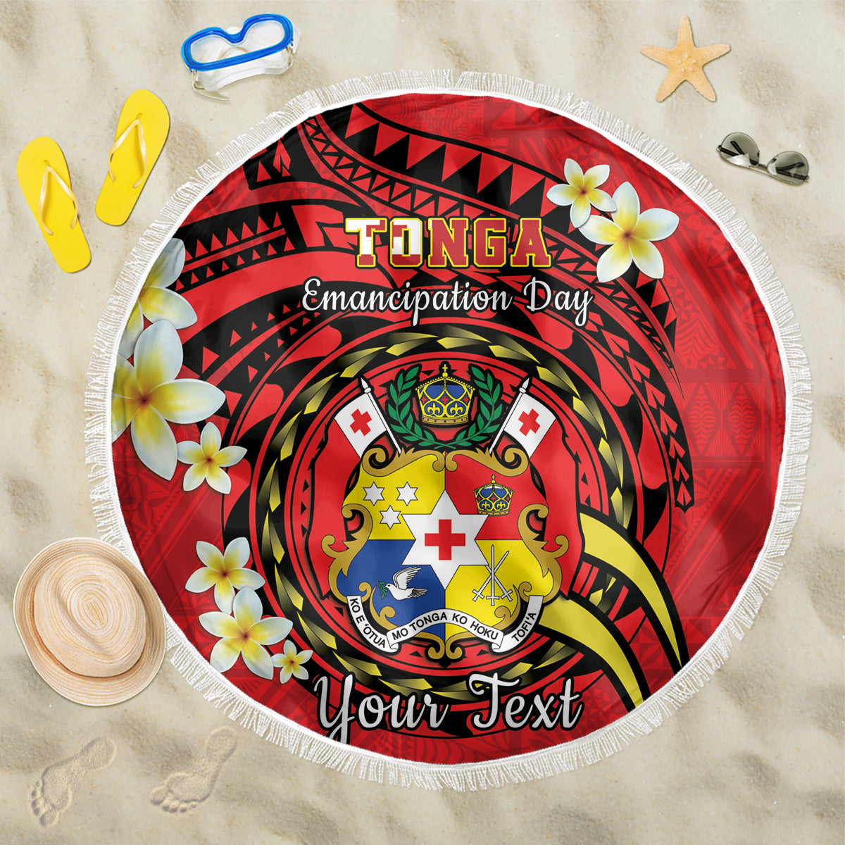 Personalised Tonga Emancipation Day Beach Blanket Tongan Ngatu Pattern - Red Version
