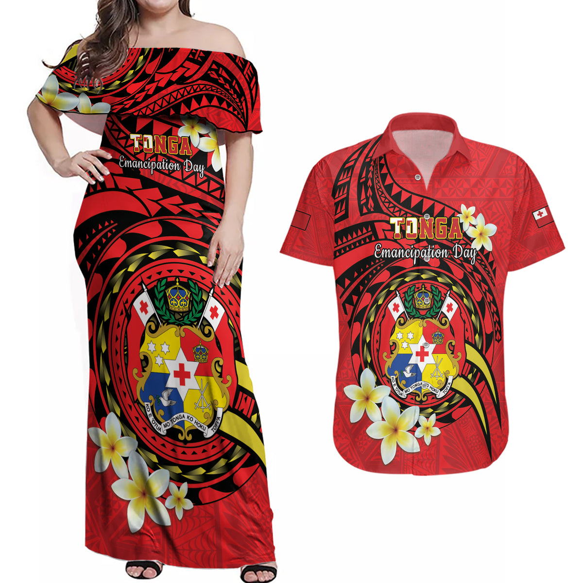 Personalised Tonga Emancipation Day Couples Matching Off Shoulder Maxi Dress and Hawaiian Shirt Tongan Ngatu Pattern - Red Version LT14 Red - Polynesian Pride