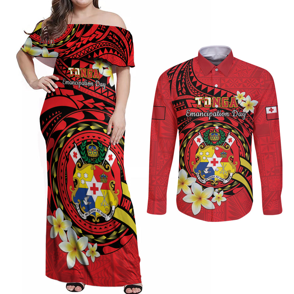 Personalised Tonga Emancipation Day Couples Matching Off Shoulder Maxi Dress and Long Sleeve Button Shirt Tongan Ngatu Pattern - Red Version LT14 Red - Polynesian Pride