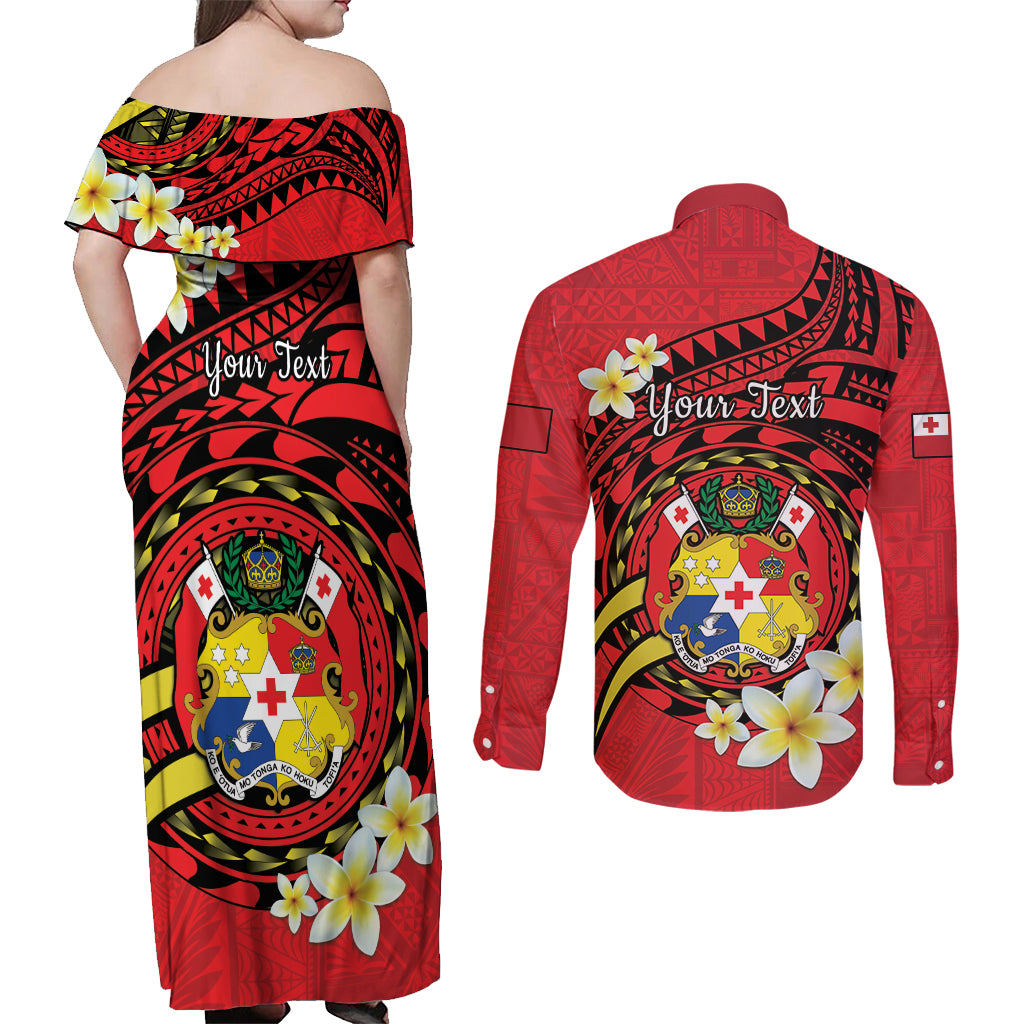 Personalised Tonga Emancipation Day Couples Matching Off Shoulder Maxi Dress and Long Sleeve Button Shirt Tongan Ngatu Pattern - Red Version LT14 - Polynesian Pride
