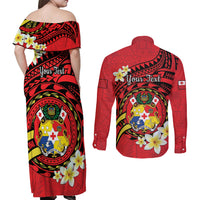Personalised Tonga Emancipation Day Couples Matching Off Shoulder Maxi Dress and Long Sleeve Button Shirt Tongan Ngatu Pattern - Red Version LT14 - Polynesian Pride