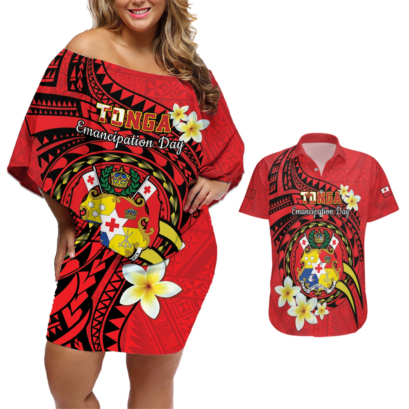 Personalised Tonga Emancipation Day Couples Matching Off Shoulder Short Dress and Hawaiian Shirt Tongan Ngatu Pattern - Red Version