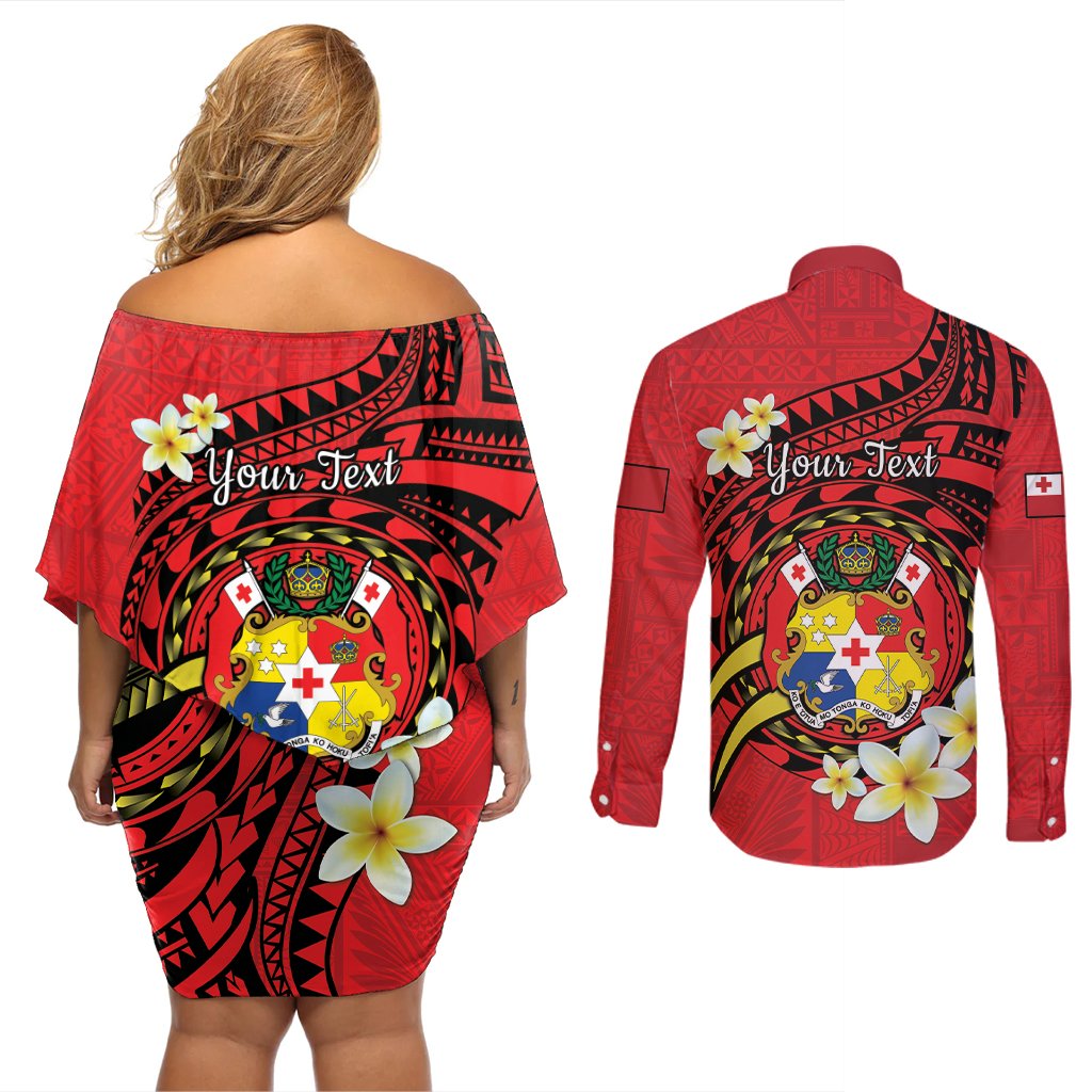 Personalised Tonga Emancipation Day Couples Matching Off Shoulder Short Dress and Long Sleeve Button Shirt Tongan Ngatu Pattern - Red Version LT14 - Polynesian Pride