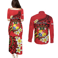 Personalised Tonga Emancipation Day Couples Matching Puletasi and Long Sleeve Button Shirt Tongan Ngatu Pattern - Red Version