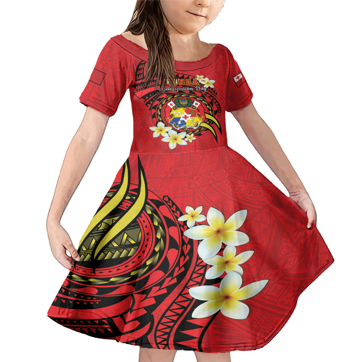 Personalised Tonga Emancipation Day Family Matching Mermaid Dress and Hawaiian Shirt Tongan Ngatu Pattern - Red Version
