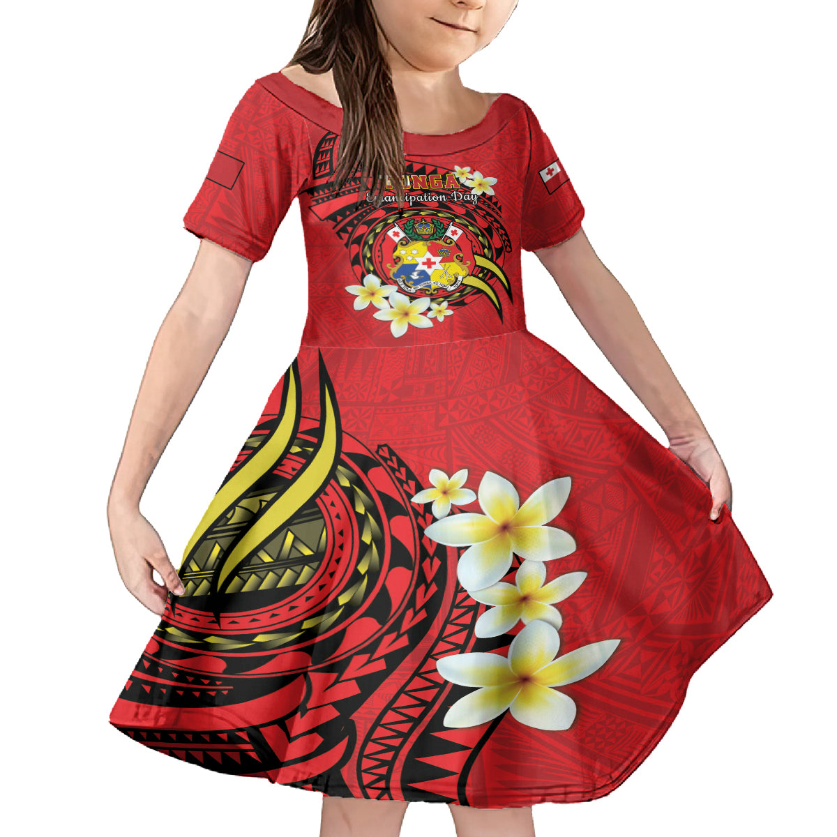 Personalised Tonga Emancipation Day Family Matching Off Shoulder Maxi Dress and Hawaiian Shirt Tongan Ngatu Pattern - Red Version LT14 Daughter's Dress Red - Polynesian Pride
