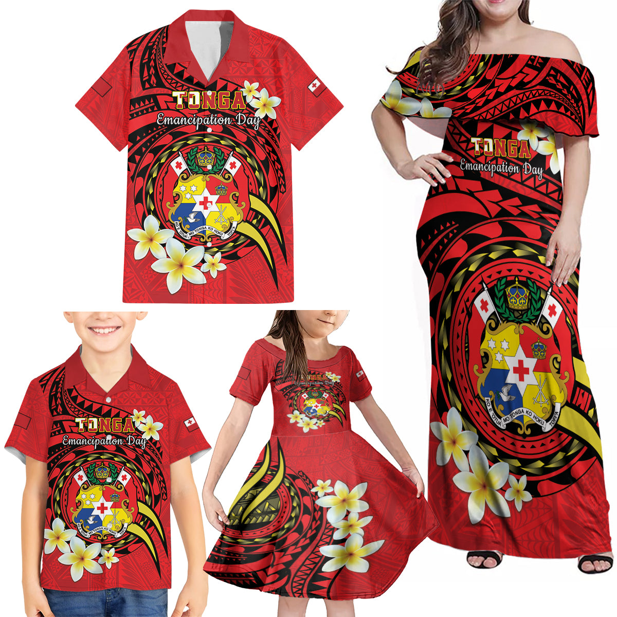 Personalised Tonga Emancipation Day Family Matching Off Shoulder Maxi Dress and Hawaiian Shirt Tongan Ngatu Pattern - Red Version