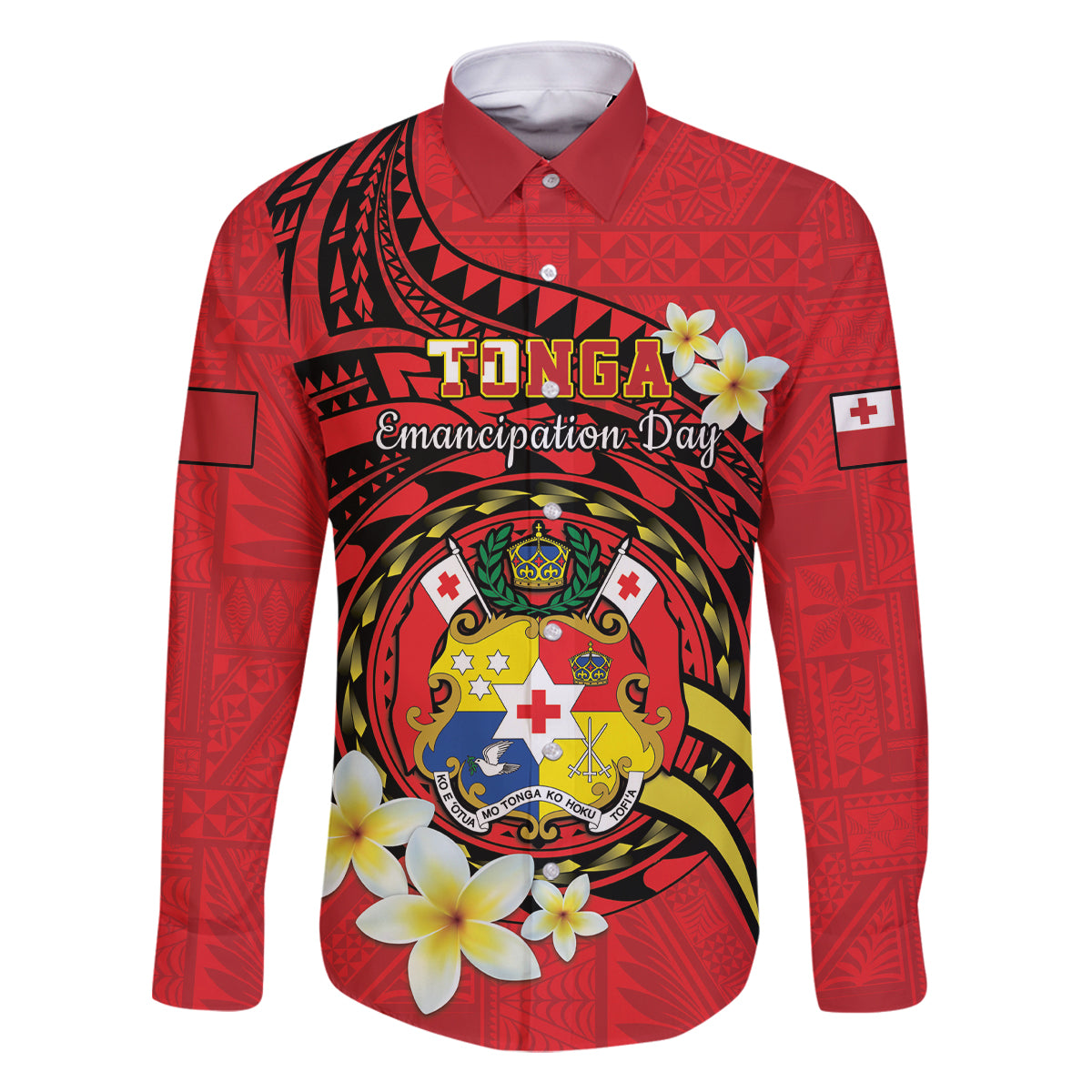 Personalised Tonga Emancipation Day Family Matching Off Shoulder Maxi Dress and Hawaiian Shirt Tongan Ngatu Pattern - Red Version LT14 Dad's Shirt - Long Sleeve Red - Polynesian Pride