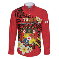 Personalised Tonga Emancipation Day Family Matching Off Shoulder Maxi Dress and Hawaiian Shirt Tongan Ngatu Pattern - Red Version LT14 Dad's Shirt - Long Sleeve Red - Polynesian Pride