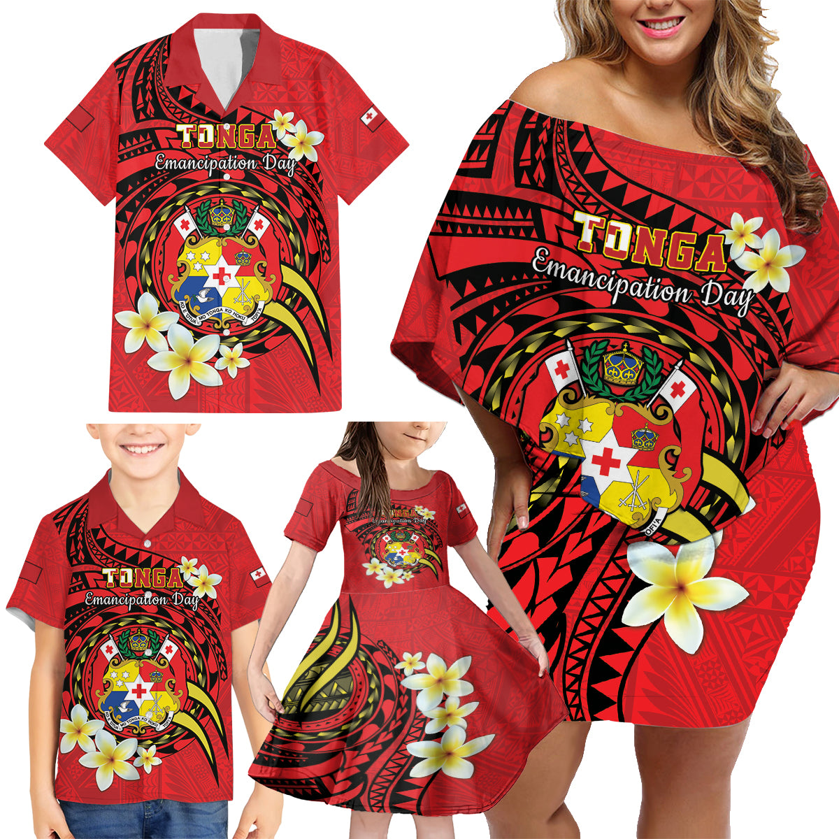 Personalised Tonga Emancipation Day Family Matching Off Shoulder Short Dress and Hawaiian Shirt Tongan Ngatu Pattern - Red Version