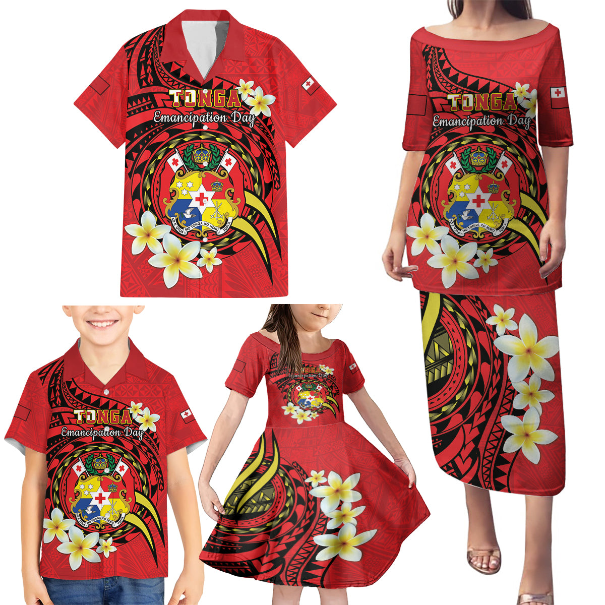 Personalised Tonga Emancipation Day Family Matching Puletasi and Hawaiian Shirt Tongan Ngatu Pattern - Red Version LT14 - Polynesian Pride