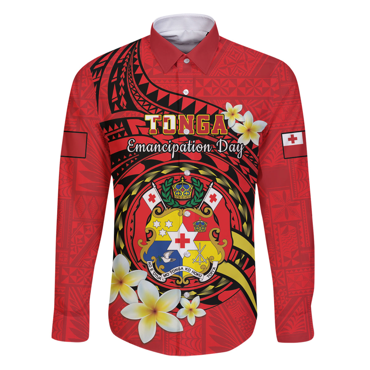 Personalised Tonga Emancipation Day Family Matching Puletasi and Hawaiian Shirt Tongan Ngatu Pattern - Red Version LT14 Dad's Shirt - Long Sleeve Red - Polynesian Pride