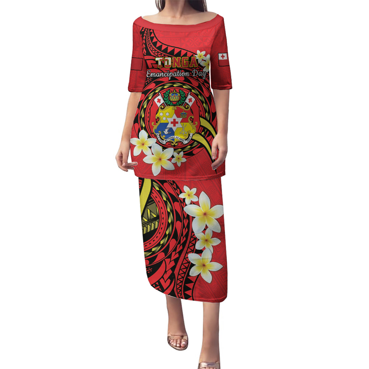 Personalised Tonga Emancipation Day Family Matching Puletasi and Hawaiian Shirt Tongan Ngatu Pattern - Red Version LT14 Mom's Dress Red - Polynesian Pride