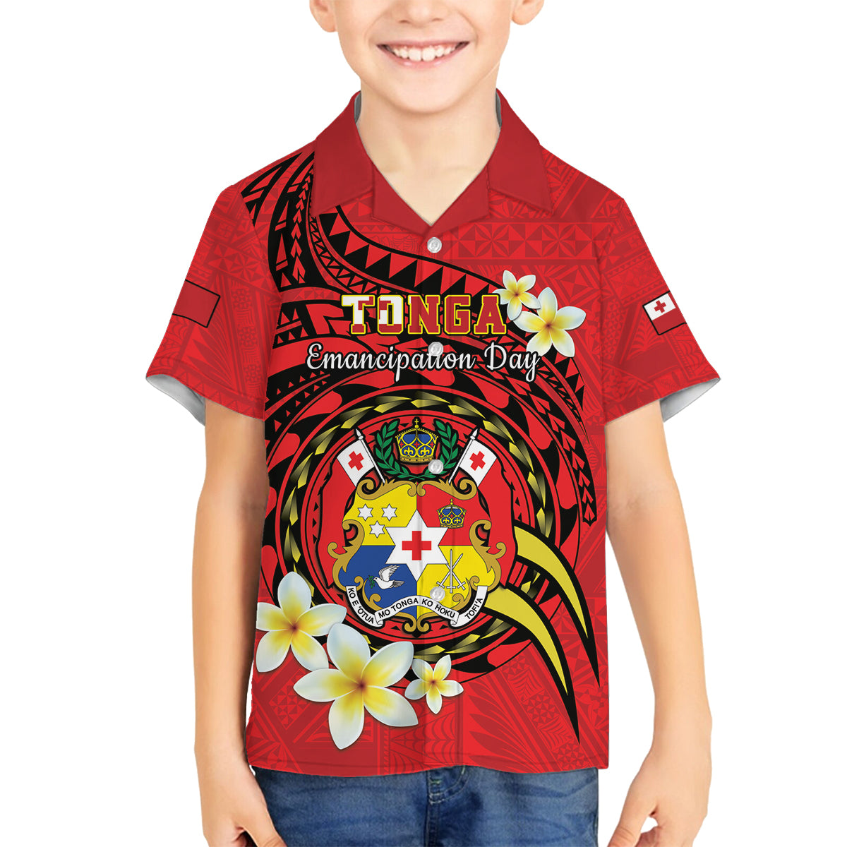 Personalised Tonga Emancipation Day Family Matching Puletasi and Hawaiian Shirt Tongan Ngatu Pattern - Red Version LT14 Son's Shirt Red - Polynesian Pride